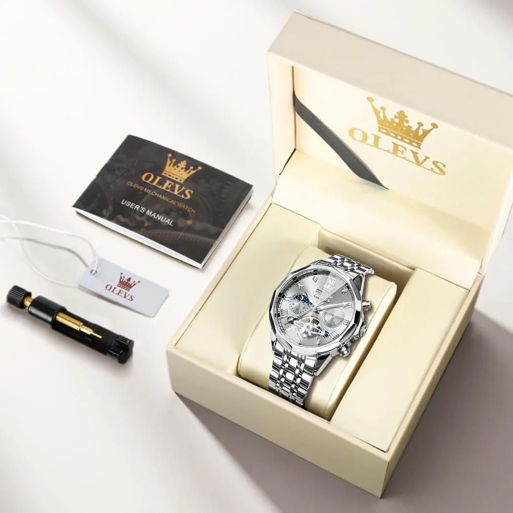 OLEVS Watch for Men Automatic Stainless Steel Business Dress Skeleton Mechanical Waterproof Luminous Self Winding Luxury Diamond Men Watches