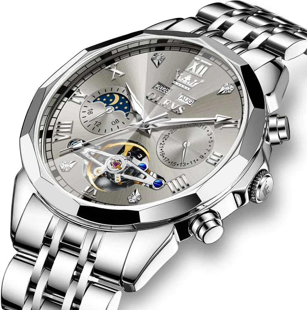 OLEVS Watch for Men Automatic Stainless Steel Business Dress Skeleton Mechanical Waterproof Luminous Self Winding Luxury Diamond Men Watches