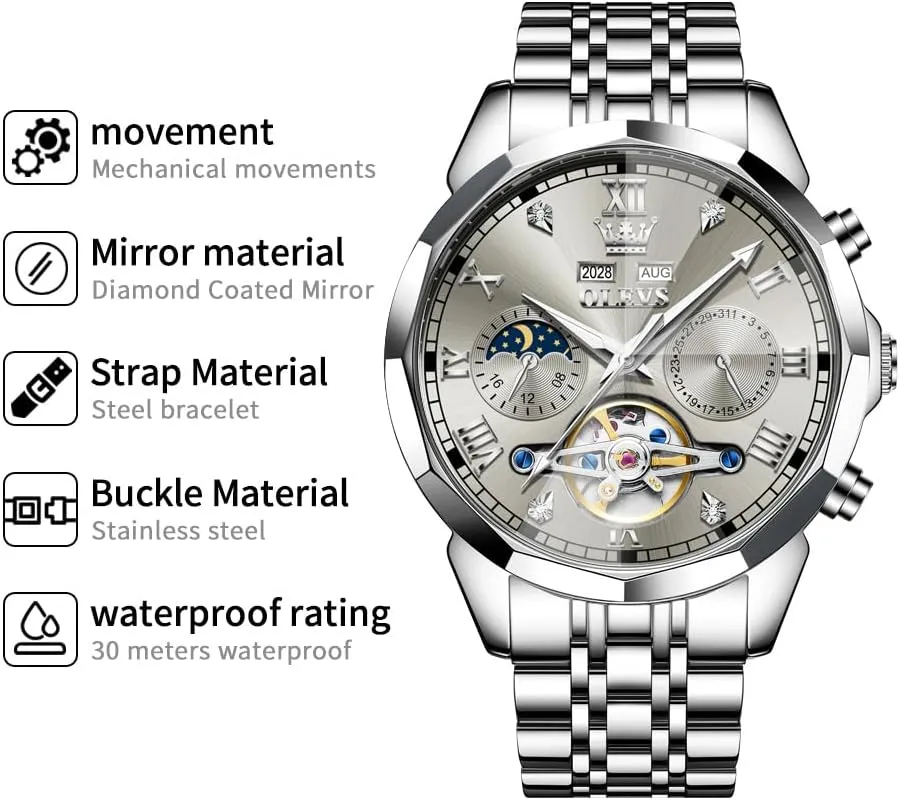 OLEVS Watch for Men Automatic Stainless Steel Business Dress Skeleton Mechanical Waterproof Luminous Self Winding Luxury Diamond Men Watches