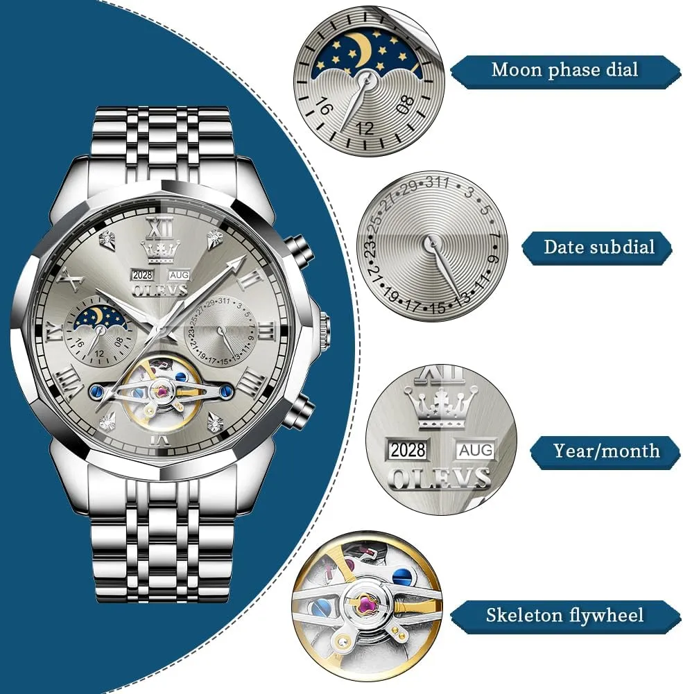 OLEVS Watch for Men Automatic Stainless Steel Business Dress Skeleton Mechanical Waterproof Luminous Self Winding Luxury Diamond Men Watches