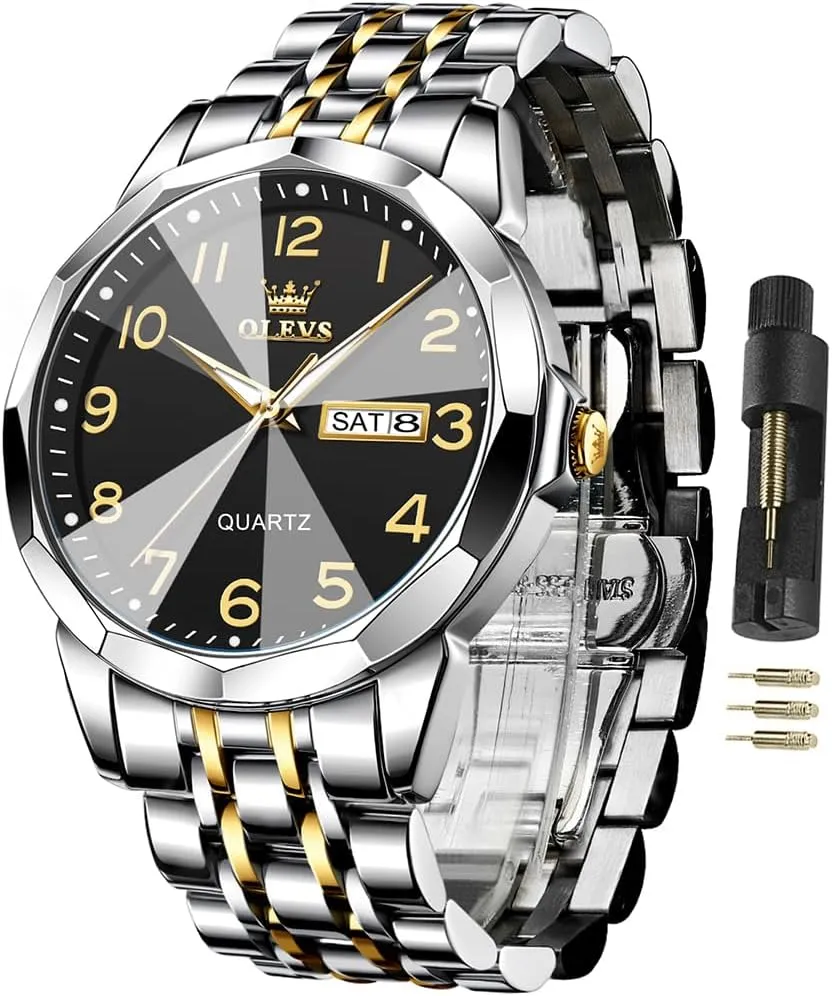 OLEVS Watch for Men Business Dress Diamond Analog Quartz Date Luxury Classic Stainless Steel Waterproof Luminous Two Tone Wrist Watch