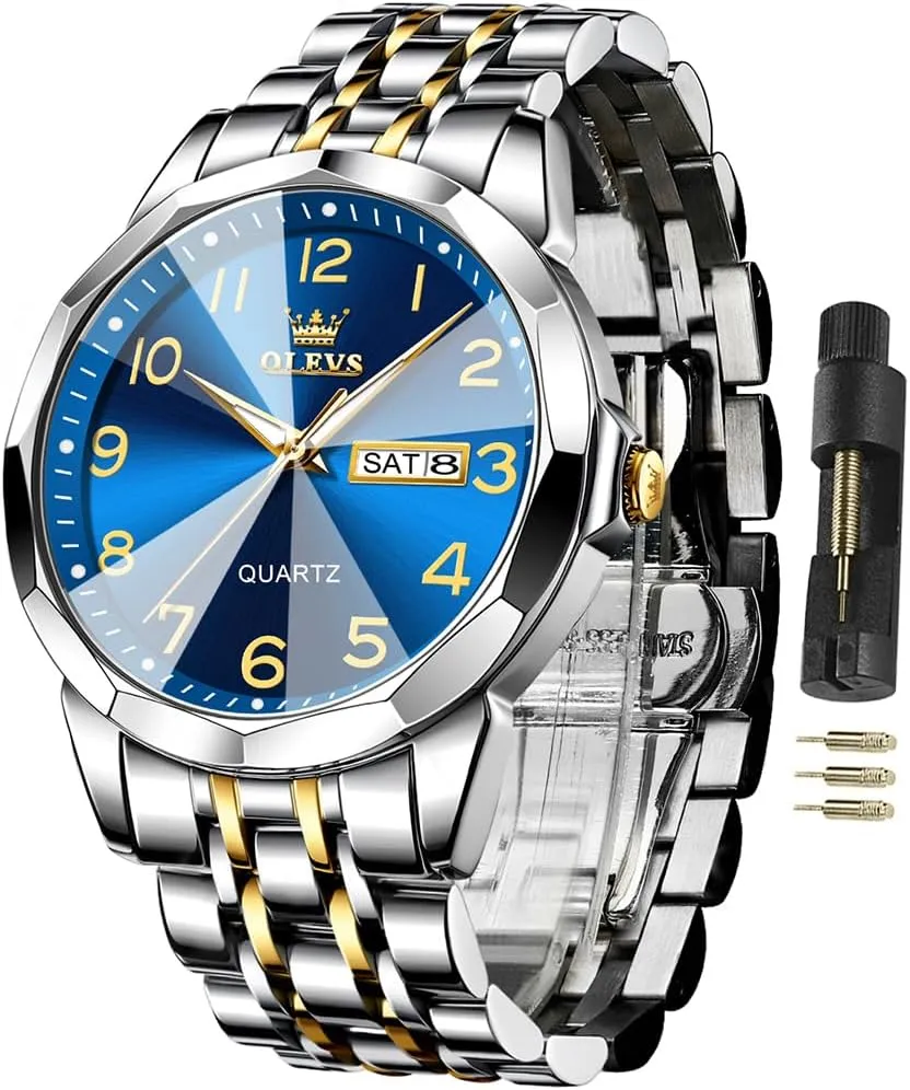 OLEVS Watch for Men Business Dress Diamond Analog Quartz Date Luxury Classic Stainless Steel Waterproof Luminous Two Tone Wrist Watch
