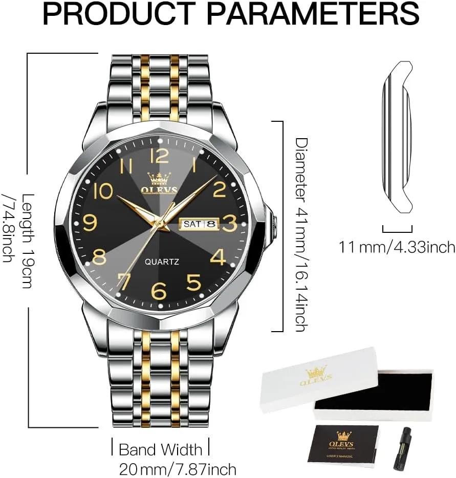 OLEVS Watch for Men Business Dress Diamond Analog Quartz Date Luxury Classic Stainless Steel Waterproof Luminous Two Tone Wrist Watch