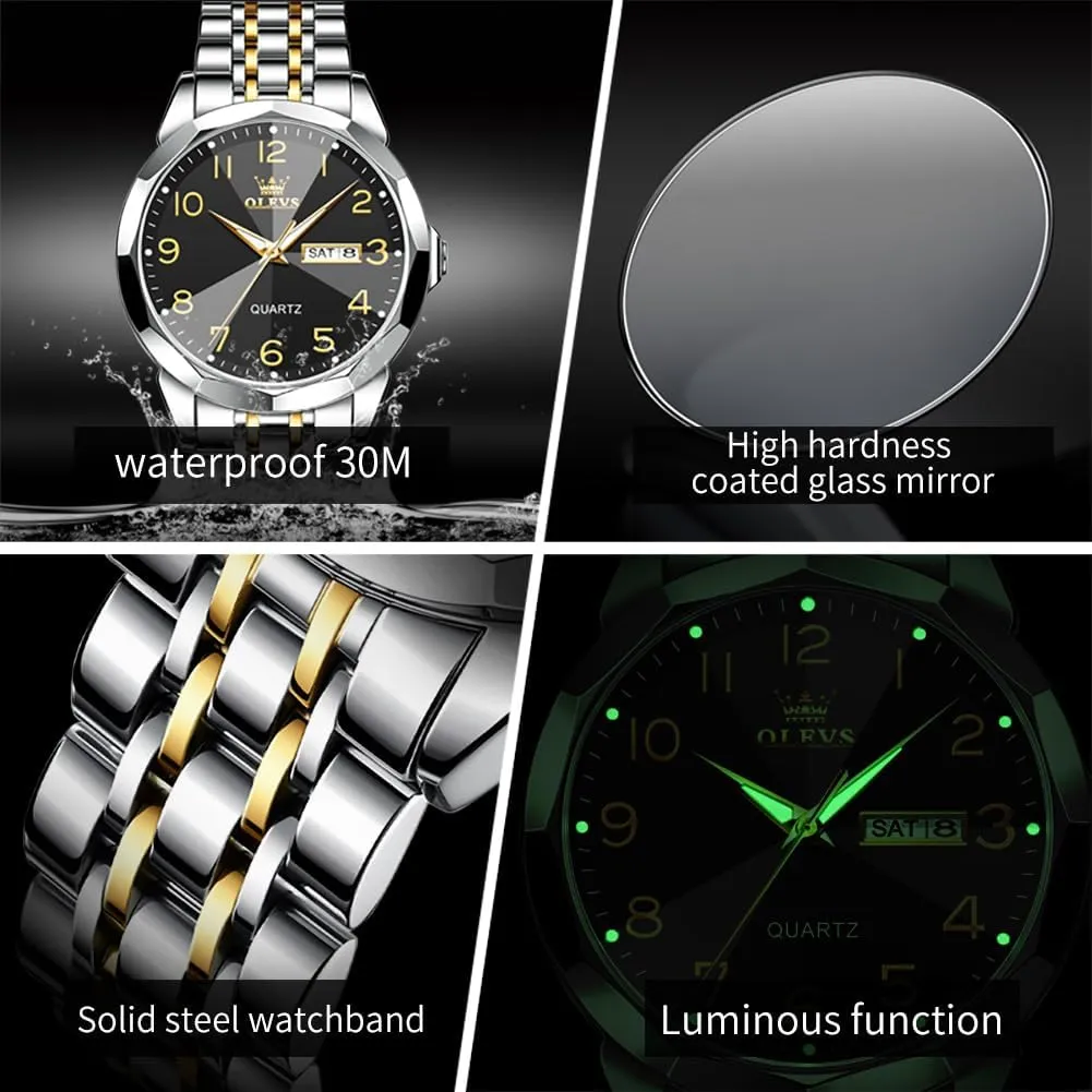 OLEVS Watch for Men Business Dress Diamond Analog Quartz Date Luxury Classic Stainless Steel Waterproof Luminous Two Tone Wrist Watch