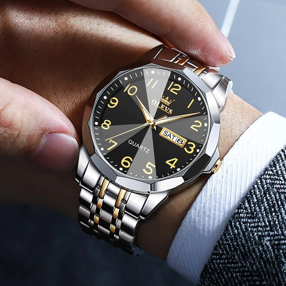 OLEVS Watch for Men Business Dress Diamond Analog Quartz Date Luxury Classic Stainless Steel Waterproof Luminous Two Tone Wrist Watch