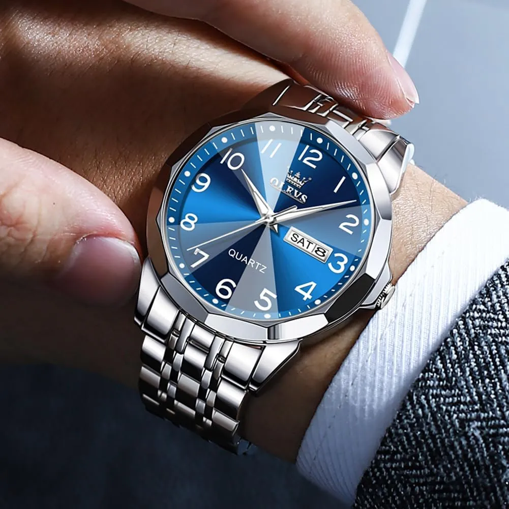 OLEVS Watch for Men Business Dress Diamond Analog Quartz Date Luxury Classic Stainless Steel Waterproof Luminous Two Tone Wrist Watch