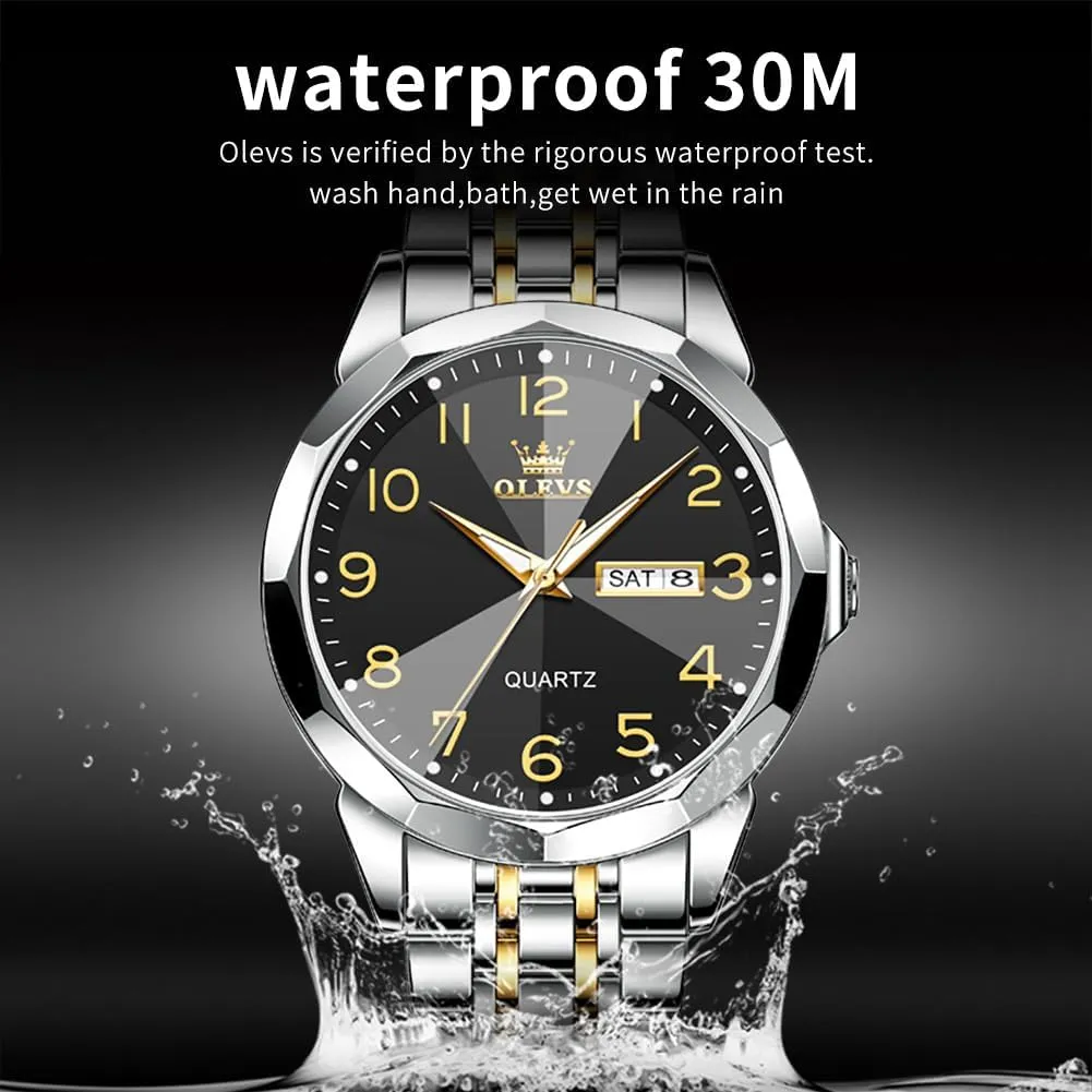 OLEVS Watch for Men Business Dress Diamond Analog Quartz Date Luxury Classic Stainless Steel Waterproof Luminous Two Tone Wrist Watch