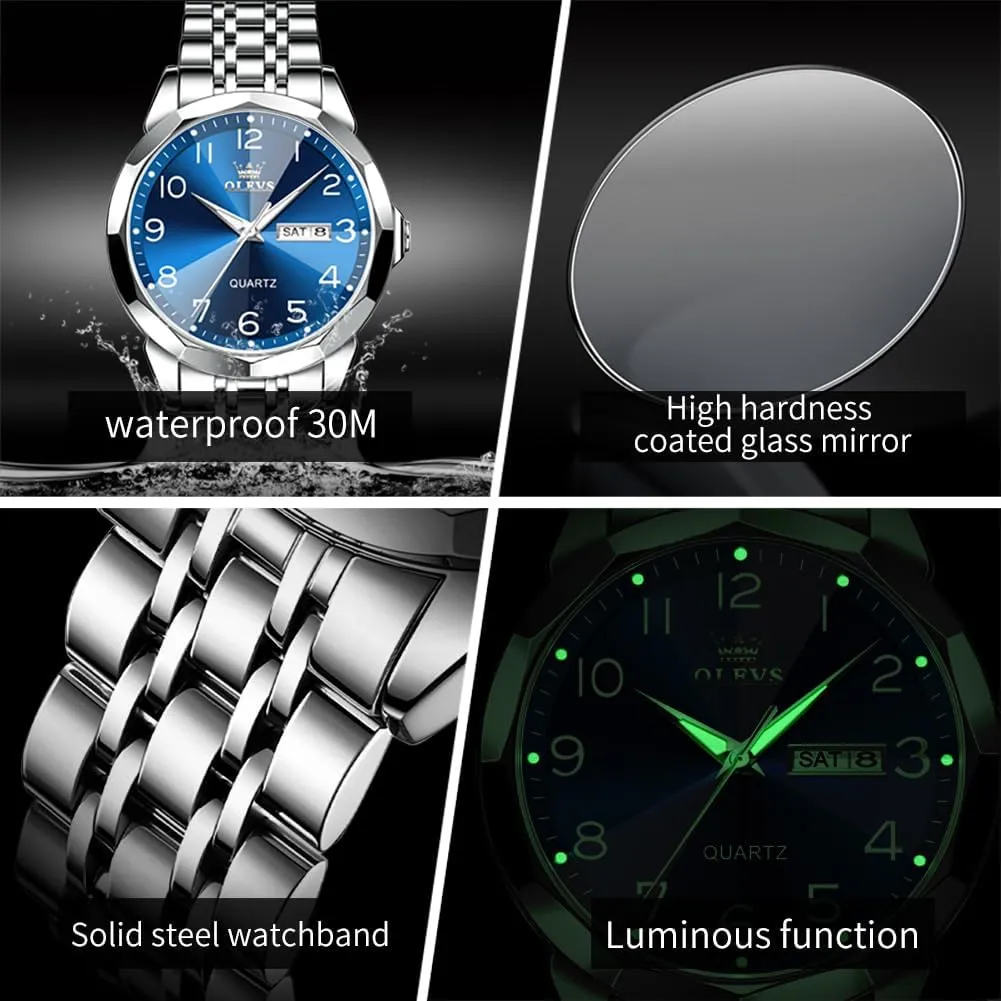OLEVS Watch for Men Business Dress Diamond Analog Quartz Date Luxury Classic Stainless Steel Waterproof Luminous Two Tone Wrist Watch