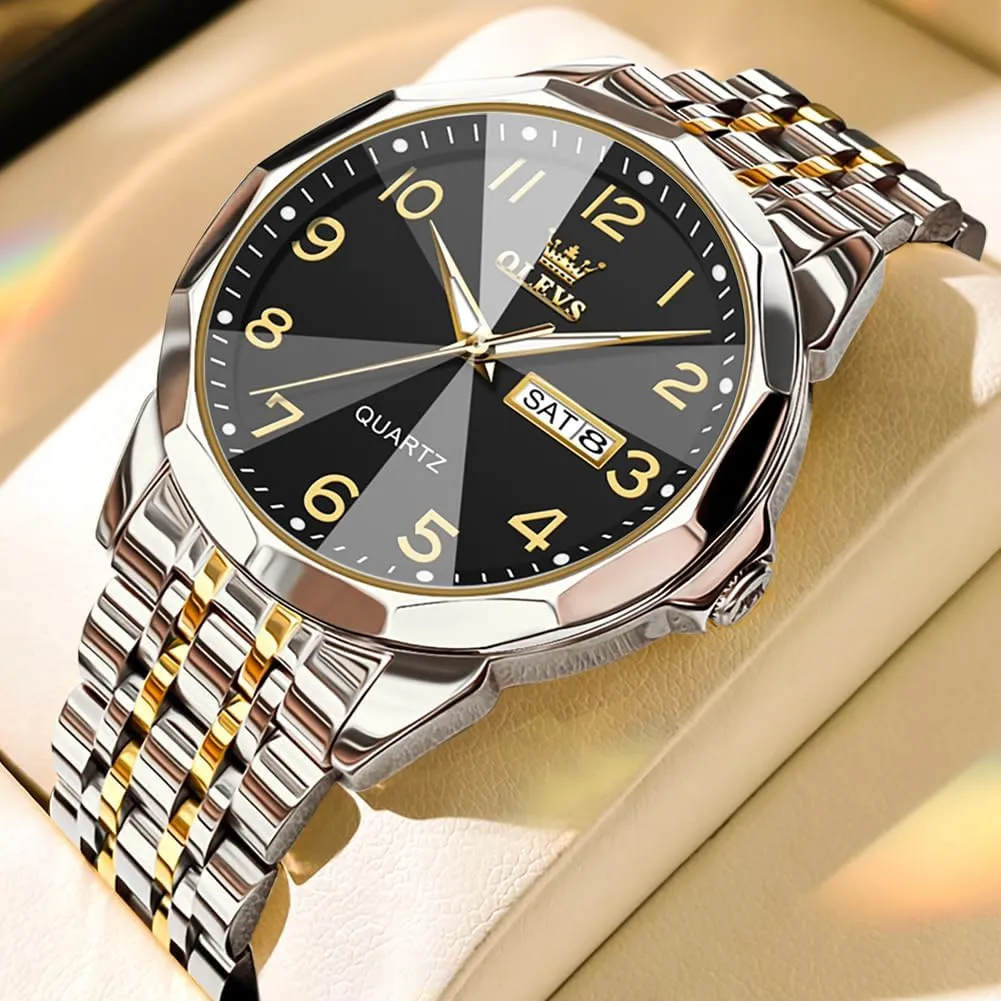 OLEVS Watch for Men Business Dress Diamond Analog Quartz Date Luxury Classic Stainless Steel Waterproof Luminous Two Tone Wrist Watch