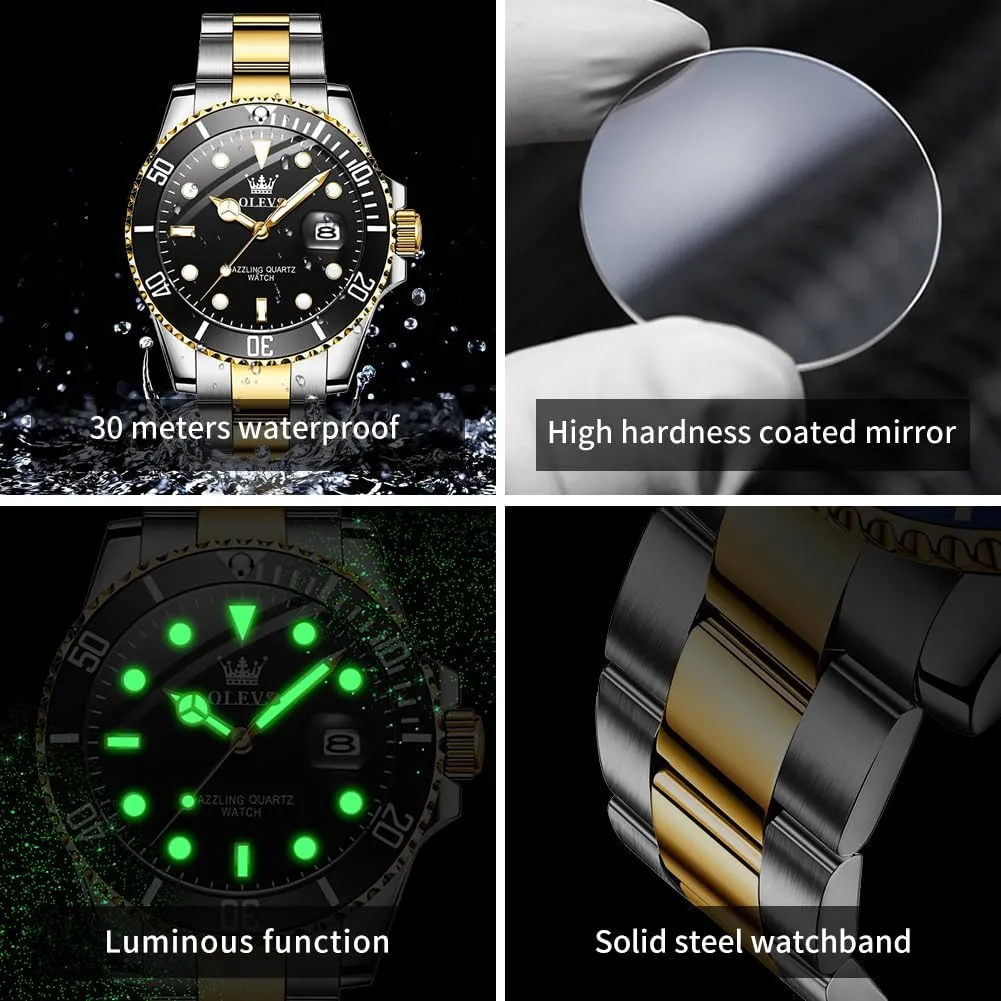 OLEVS Watches for Men Classic with Date Business Dress Luxury Big Face Green/Black/Blue Waterproof Luminous Mens Wrist Watch Analog Two Tone Stainless Steel Men Watch