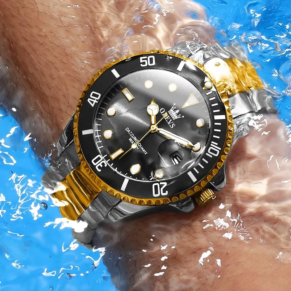 OLEVS Watches for Men Classic with Date Business Dress Luxury Big Face Green/Black/Blue Waterproof Luminous Mens Wrist Watch Analog Two Tone Stainless Steel Men Watch