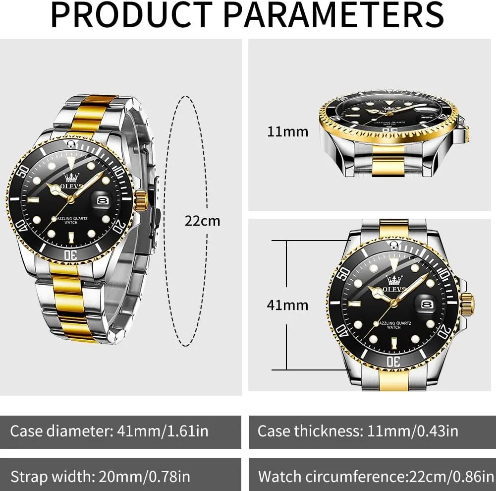 OLEVS Watches for Men Classic with Date Business Dress Luxury Big Face Green/Black/Blue Waterproof Luminous Mens Wrist Watch Analog Two Tone Stainless Steel Men Watch