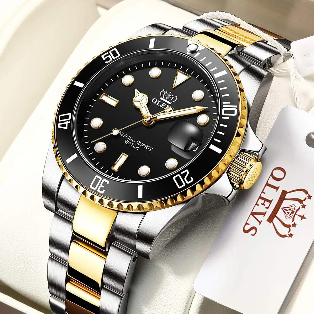 OLEVS Watches for Men Classic with Date Business Dress Luxury Big Face Green/Black/Blue Waterproof Luminous Mens Wrist Watch Analog Two Tone Stainless Steel Men Watch