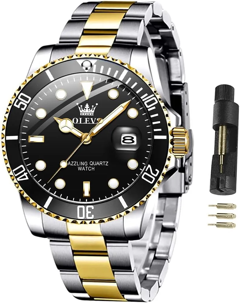 OLEVS Watches for Men Classic with Date Business Dress Luxury Big Face Green/Black/Blue Waterproof Luminous Mens Wrist Watch Analog Two Tone Stainless Steel Men Watch