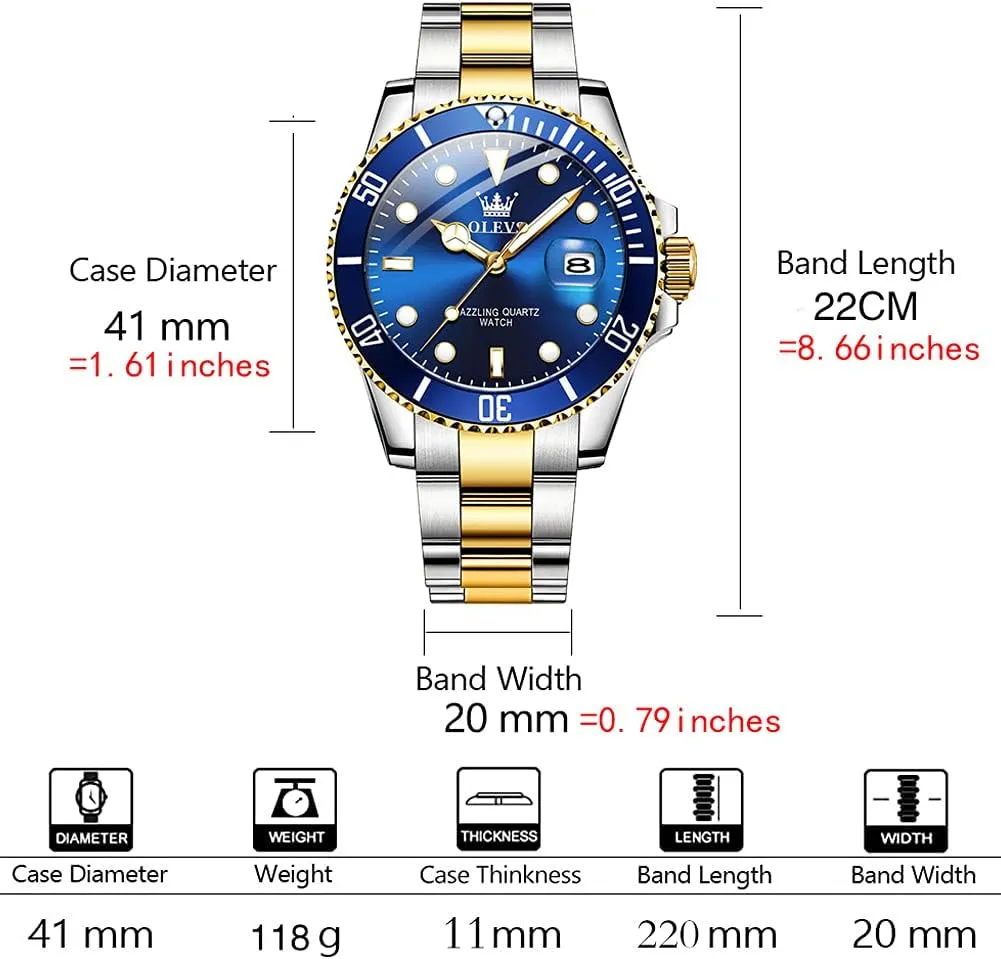 OLEVS Watches for Men with Date Luxury Big Face Waterproof Mens Wristwatch Analog Dress Two Tone Stainless Steel Man Watch Luminous Relojes De Hombre Calendar(Green/Blue/Black Dial