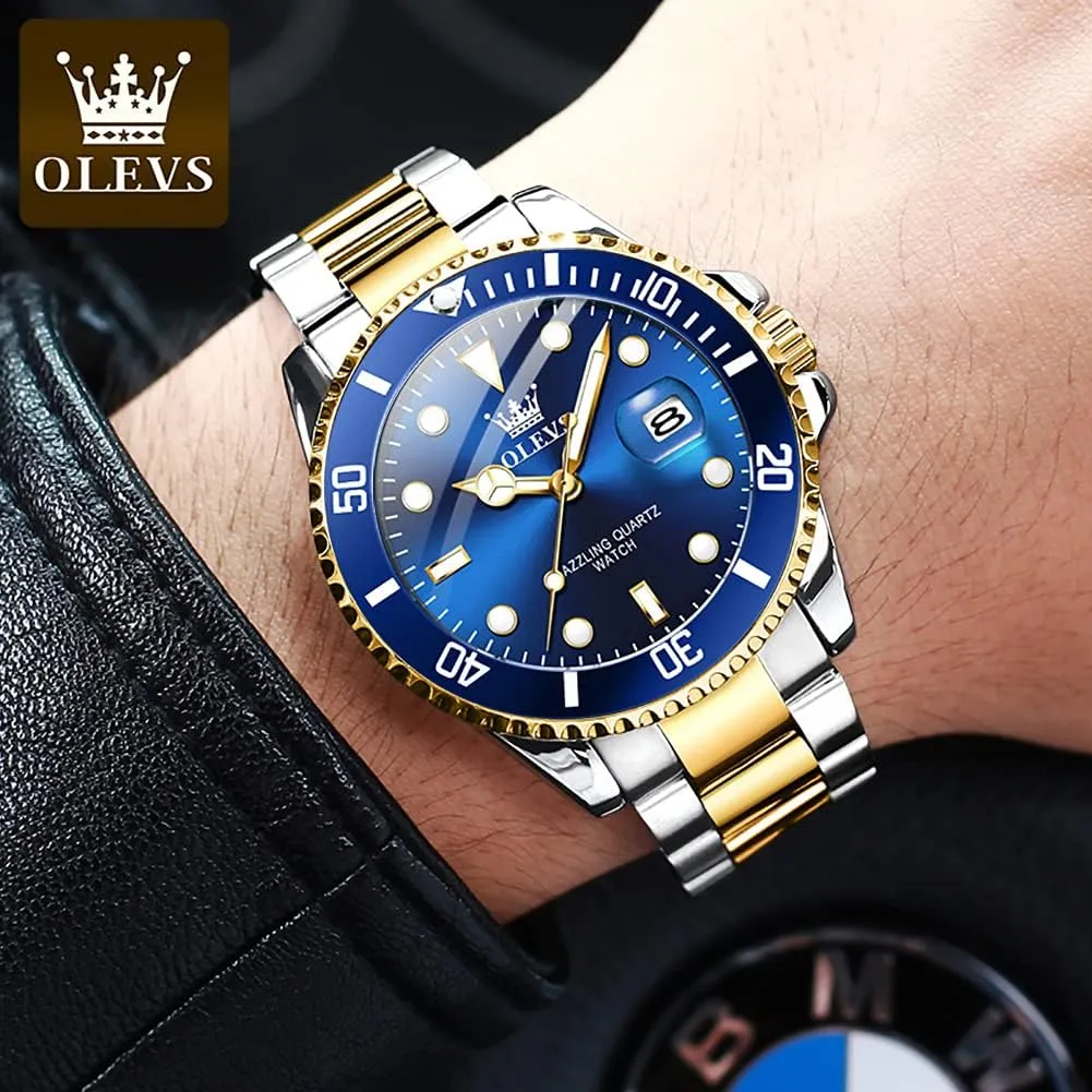 OLEVS Watches for Men with Date Luxury Big Face Waterproof Mens Wristwatch Analog Dress Two Tone Stainless Steel Man Watch Luminous Relojes De Hombre Calendar(Green/Blue/Black Dial
