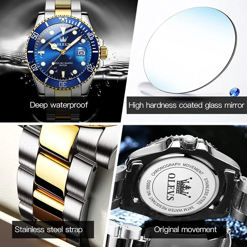 OLEVS Watches for Men with Date Luxury Big Face Waterproof Mens Wristwatch Analog Dress Two Tone Stainless Steel Man Watch Luminous Relojes De Hombre Calendar(Green/Blue/Black Dial