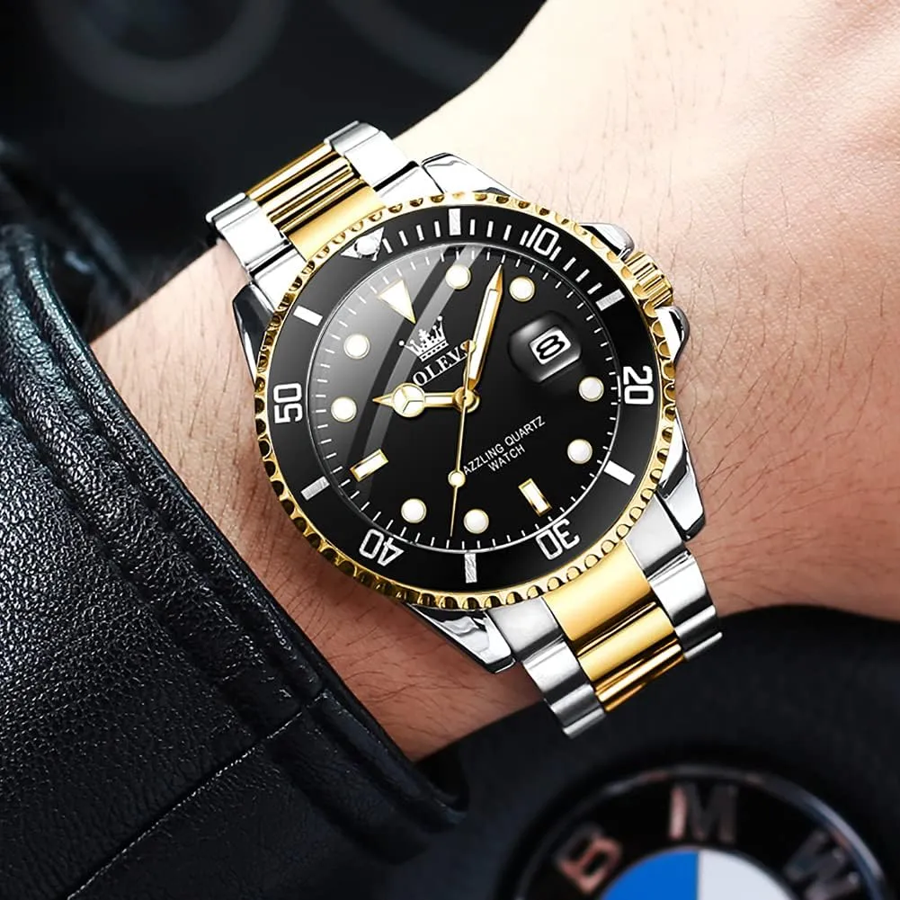 OLEVS Watches for Men with Date Luxury Big Face Waterproof Mens Wristwatch Analog Dress Two Tone Stainless Steel Man Watch Luminous Relojes De Hombre Calendar(Green/Blue/Black Dial