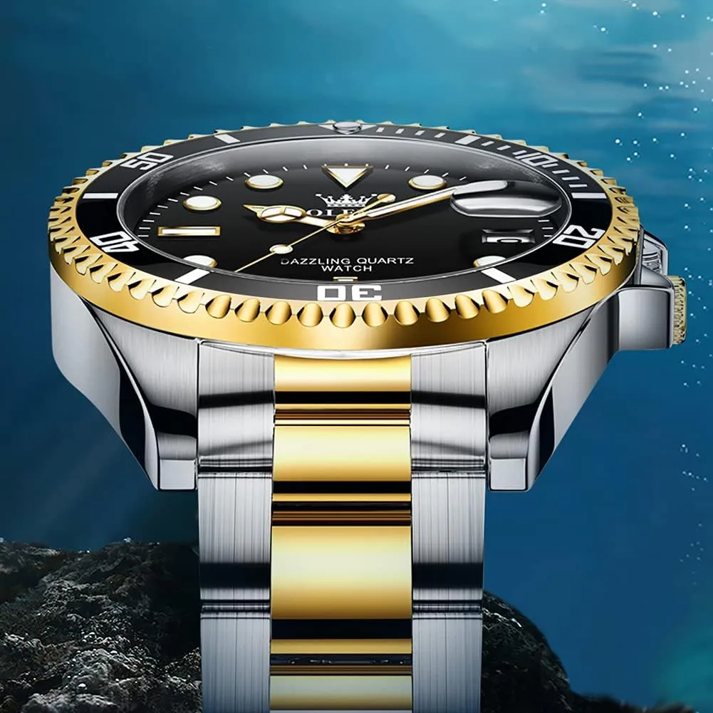 OLEVS Watches for Men with Date Luxury Big Face Waterproof Mens Wristwatch Analog Dress Two Tone Stainless Steel Man Watch Luminous Relojes De Hombre Calendar(Green/Blue/Black Dial