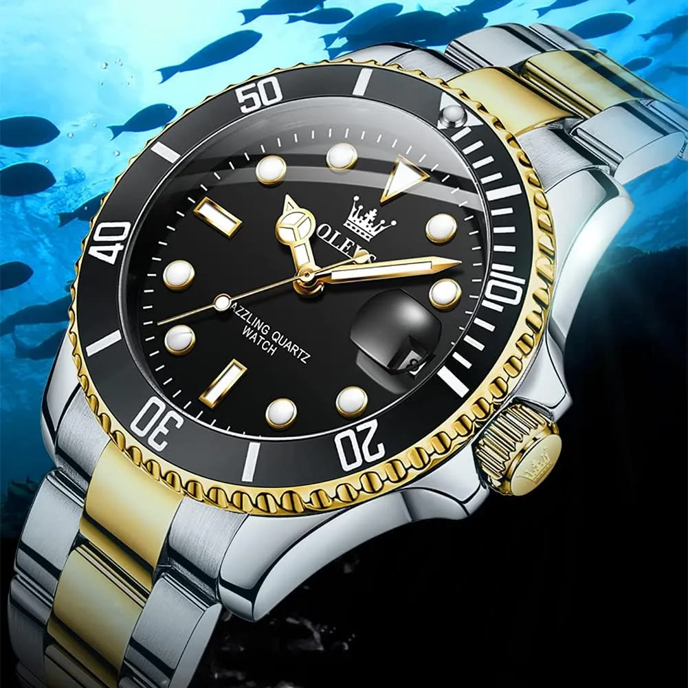 OLEVS Watches for Men with Date Luxury Big Face Waterproof Mens Wristwatch Analog Dress Two Tone Stainless Steel Man Watch Luminous Relojes De Hombre Calendar(Green/Blue/Black Dial