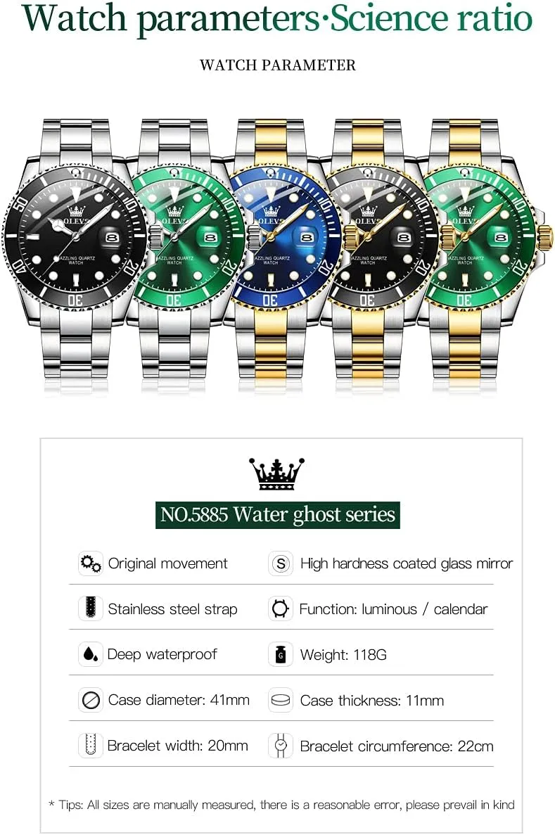 OLEVS Watches for Men with Date Luxury Big Face Waterproof Mens Wristwatch Analog Dress Two Tone Stainless Steel Man Watch Luminous Relojes De Hombre Calendar(Green/Blue/Black Dial