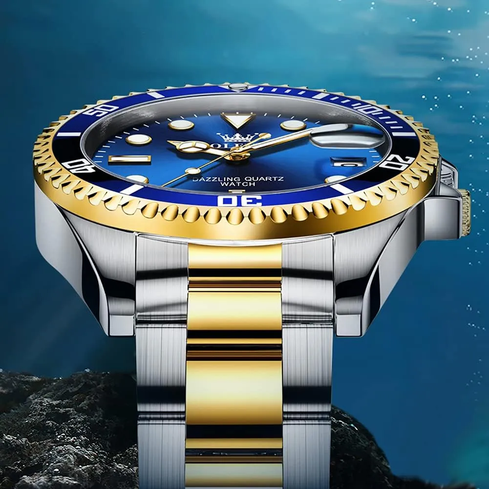 OLEVS Watches for Men with Date Luxury Big Face Waterproof Mens Wristwatch Analog Dress Two Tone Stainless Steel Man Watch Luminous Relojes De Hombre Calendar(Green/Blue/Black Dial