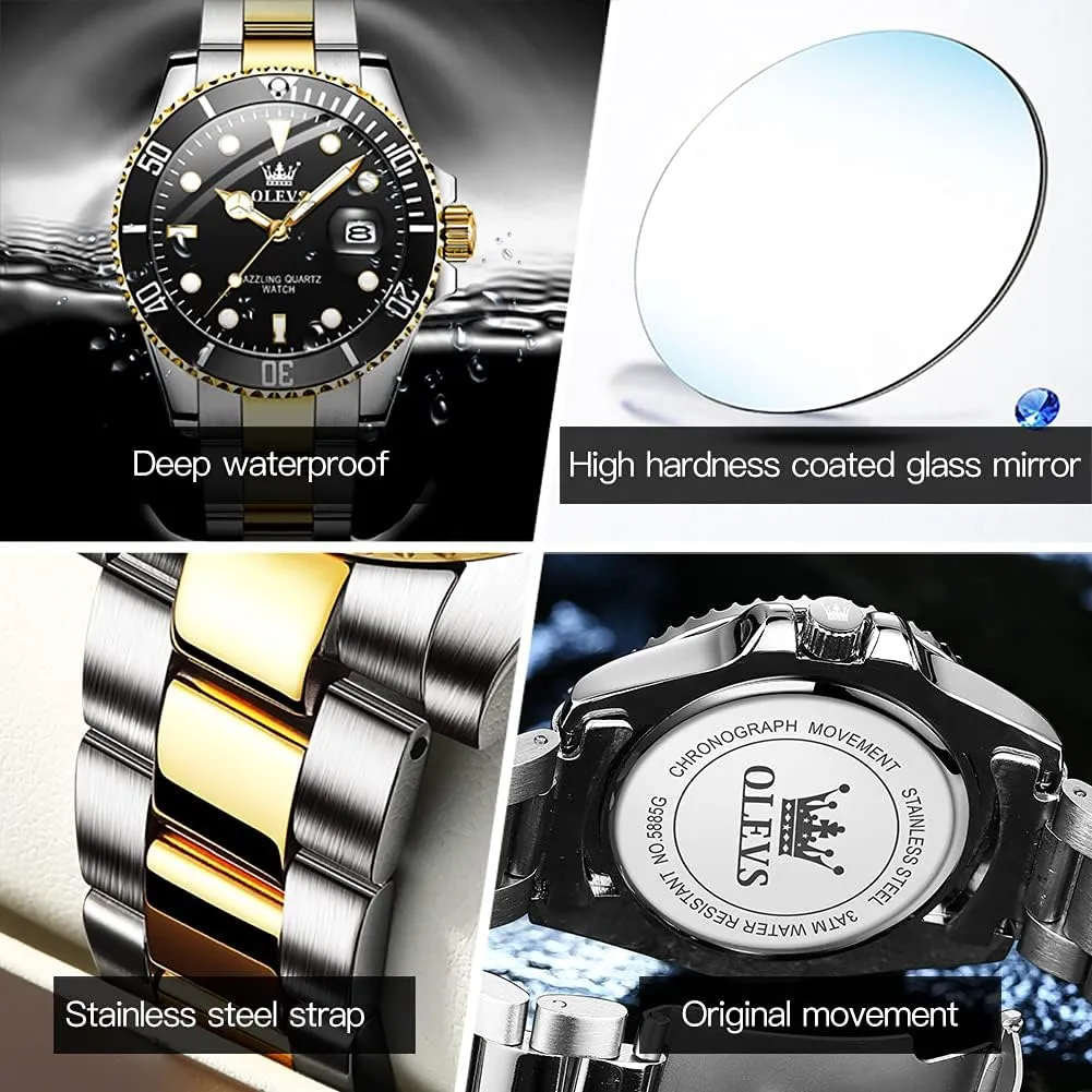 OLEVS Watches for Men with Date Luxury Big Face Waterproof Mens Wristwatch Analog Dress Two Tone Stainless Steel Man Watch Luminous Relojes De Hombre Calendar(Green/Blue/Black Dial