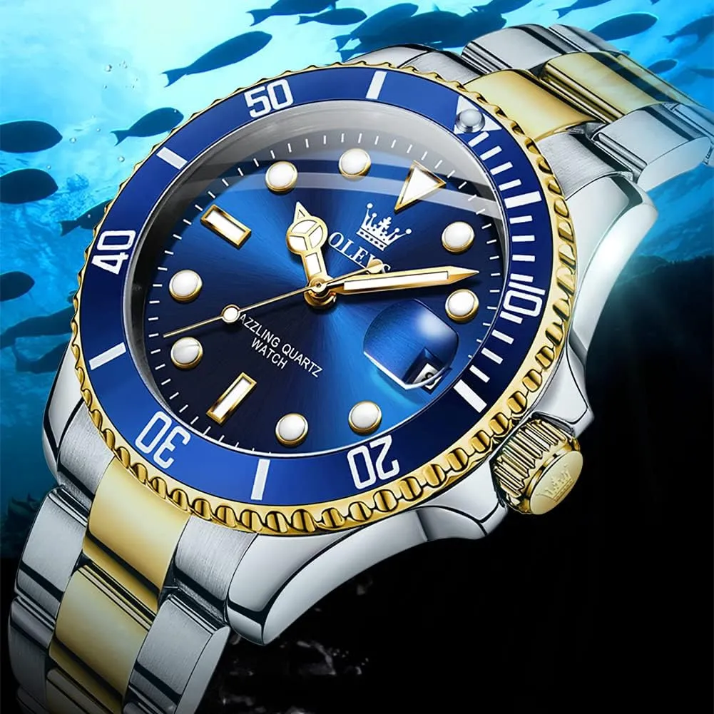 OLEVS Watches for Men with Date Luxury Big Face Waterproof Mens Wristwatch Analog Dress Two Tone Stainless Steel Man Watch Luminous Relojes De Hombre Calendar(Green/Blue/Black Dial