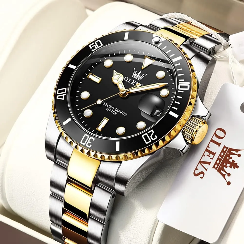OLEVS Watches for Men with Date Luxury Big Face Waterproof Mens Wristwatch Analog Dress Two Tone Stainless Steel Man Watch Luminous Relojes De Hombre Calendar(Green/Blue/Black Dial
