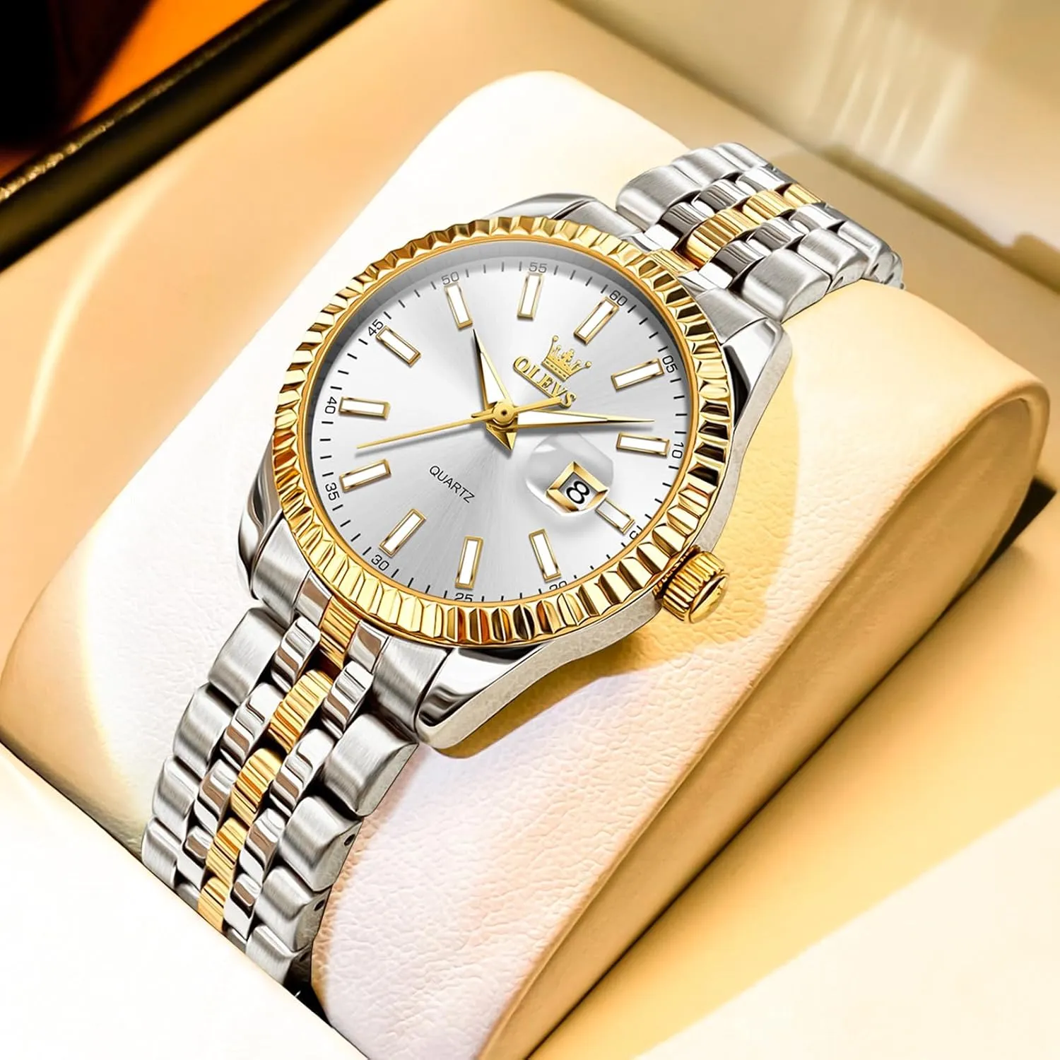 OLEVS Women's Stainless Steel Watch, Small Face Vintage Gold Silver Two Tone Analog Womens Quartz Watch, Casual Waterproof Luminous Calendar Date Ladies Watches