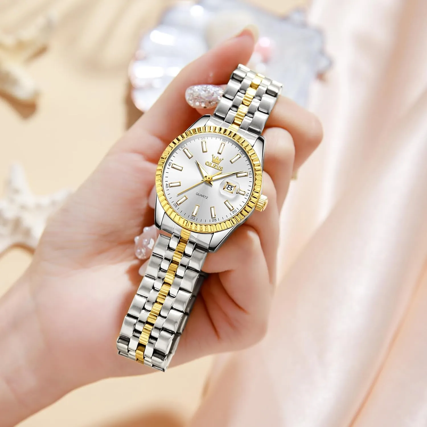 OLEVS Women's Stainless Steel Watch, Small Face Vintage Gold Silver Two Tone Analog Womens Quartz Watch, Casual Waterproof Luminous Calendar Date Ladies Watches