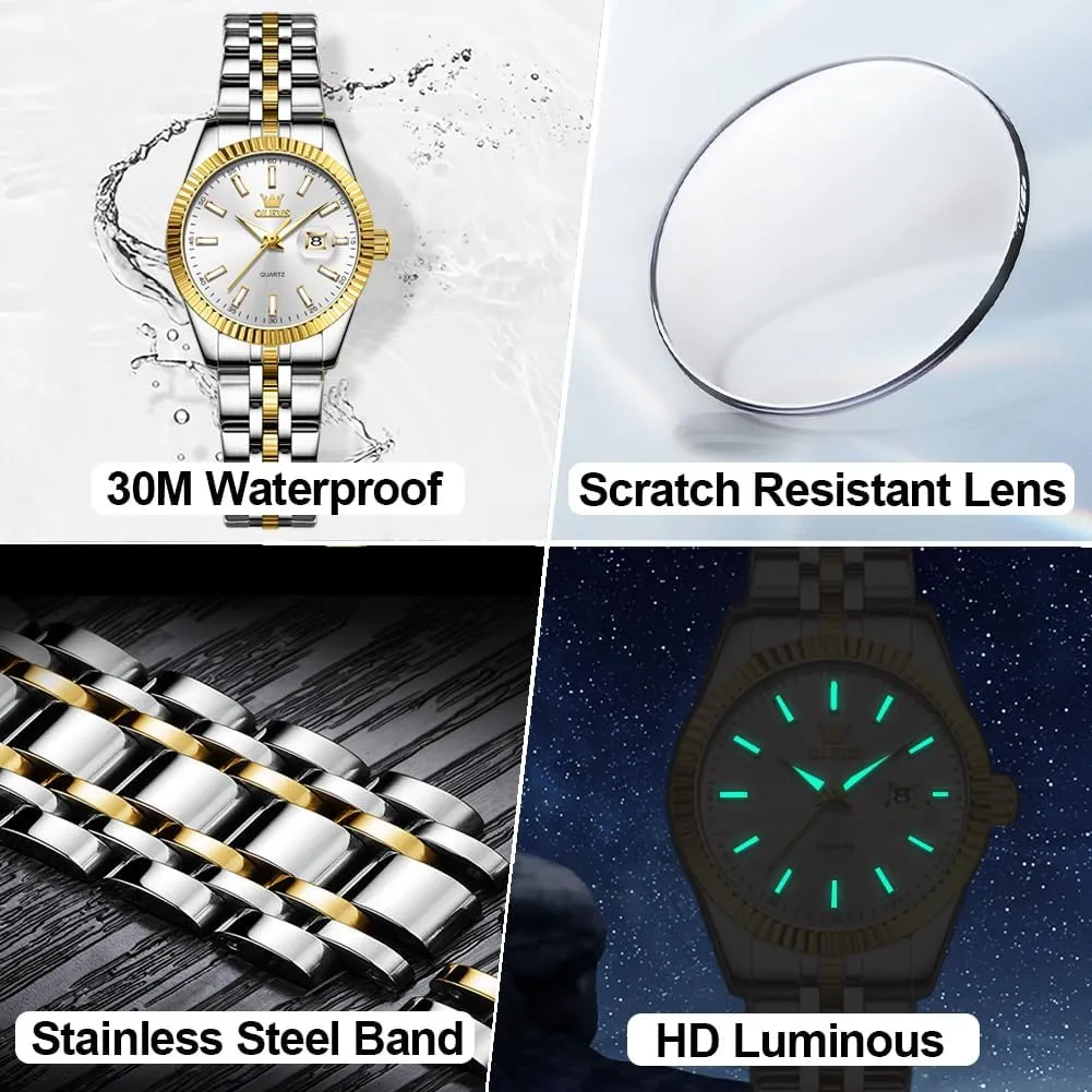 OLEVS Women's Stainless Steel Watch, Small Face Vintage Gold Silver Two Tone Analog Womens Quartz Watch, Casual Waterproof Luminous Calendar Date Ladies Watches