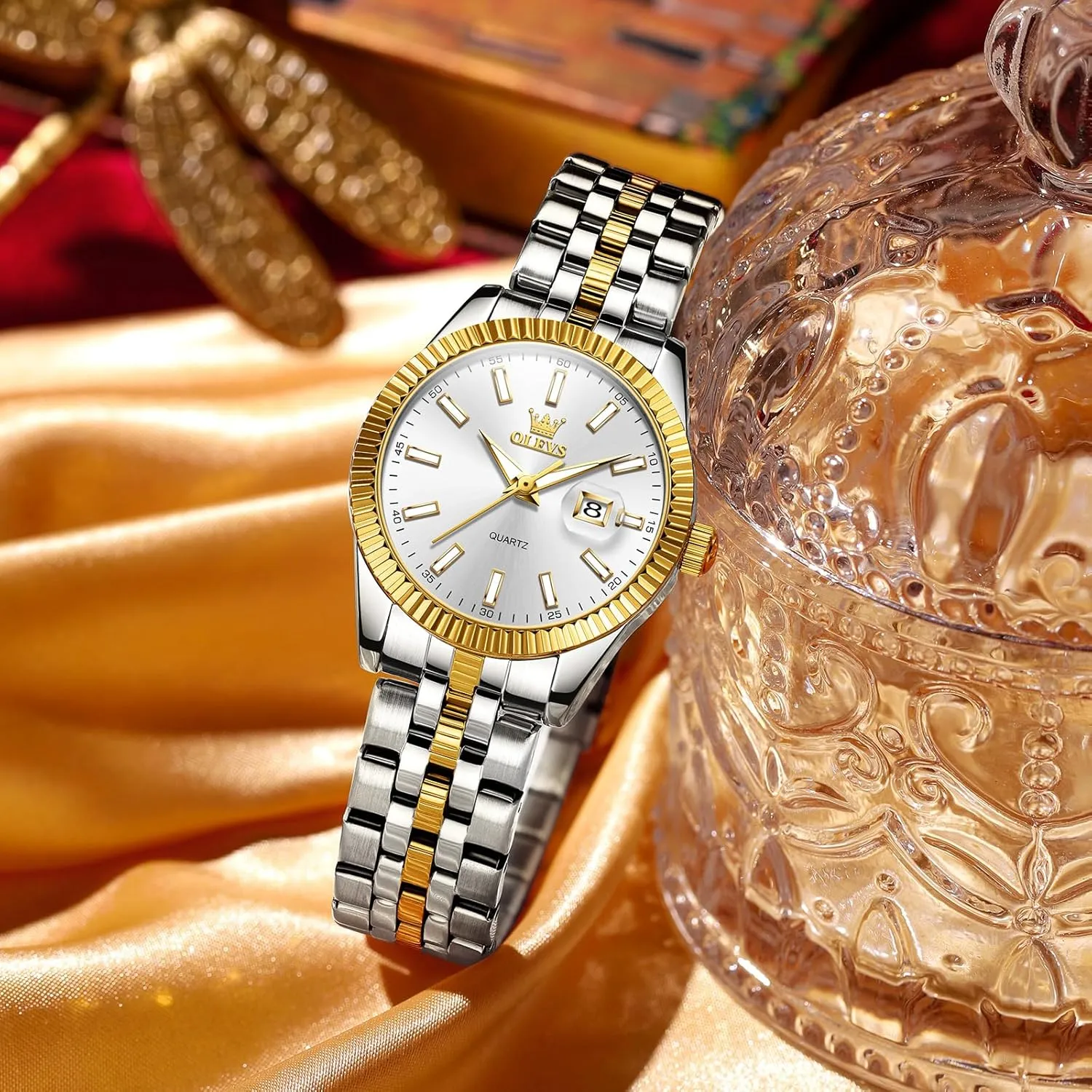 OLEVS Women's Stainless Steel Watch, Small Face Vintage Gold Silver Two Tone Analog Womens Quartz Watch, Casual Waterproof Luminous Calendar Date Ladies Watches