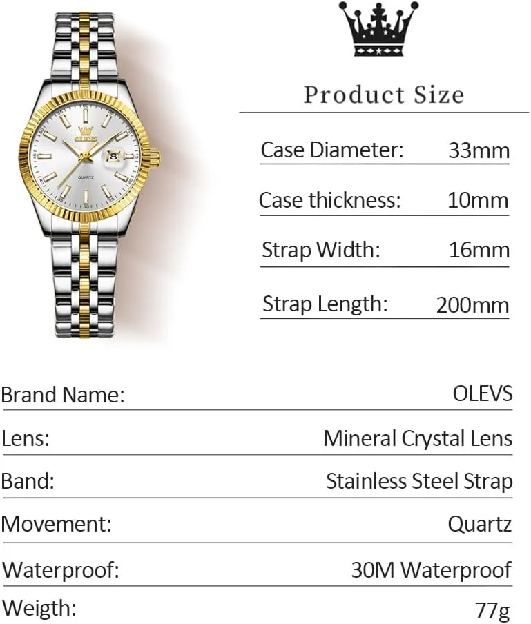 OLEVS Women's Stainless Steel Watch, Small Face Vintage Gold Silver Two Tone Analog Womens Quartz Watch, Casual Waterproof Luminous Calendar Date Ladies Watches