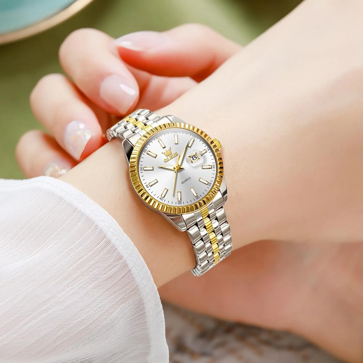 OLEVS Women's Stainless Steel Watch, Small Face Vintage Gold Silver Two Tone Analog Womens Quartz Watch, Casual Waterproof Luminous Calendar Date Ladies Watches