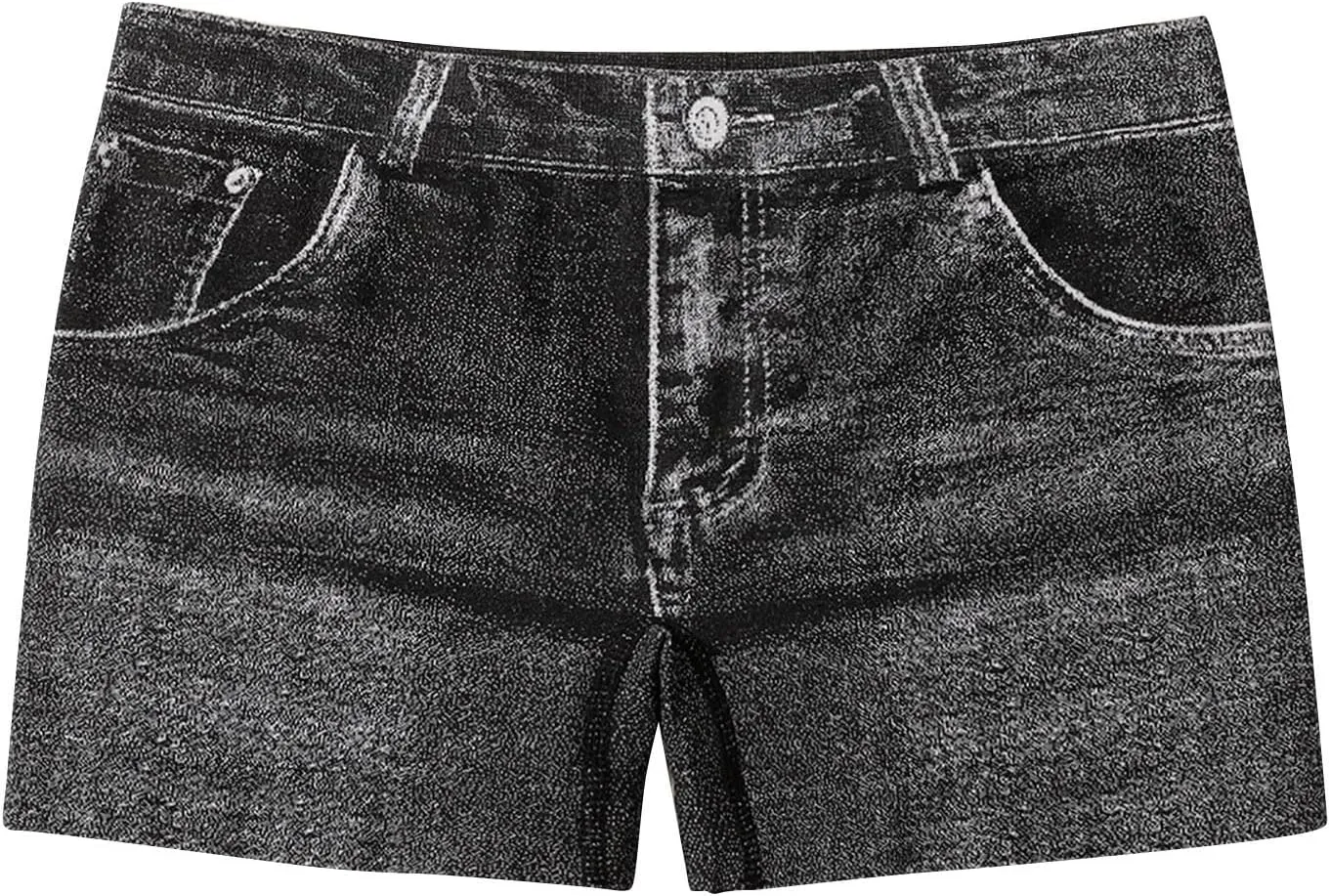 Oplxuo Stretchy Imitation Denim Shorts for Women Trendy Printed High Waisted Skinny Fake Jean Shorts
