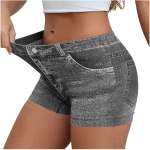Oplxuo Stretchy Imitation Denim Shorts for Women Trendy Printed High Waisted Skinny Fake Jean Shorts