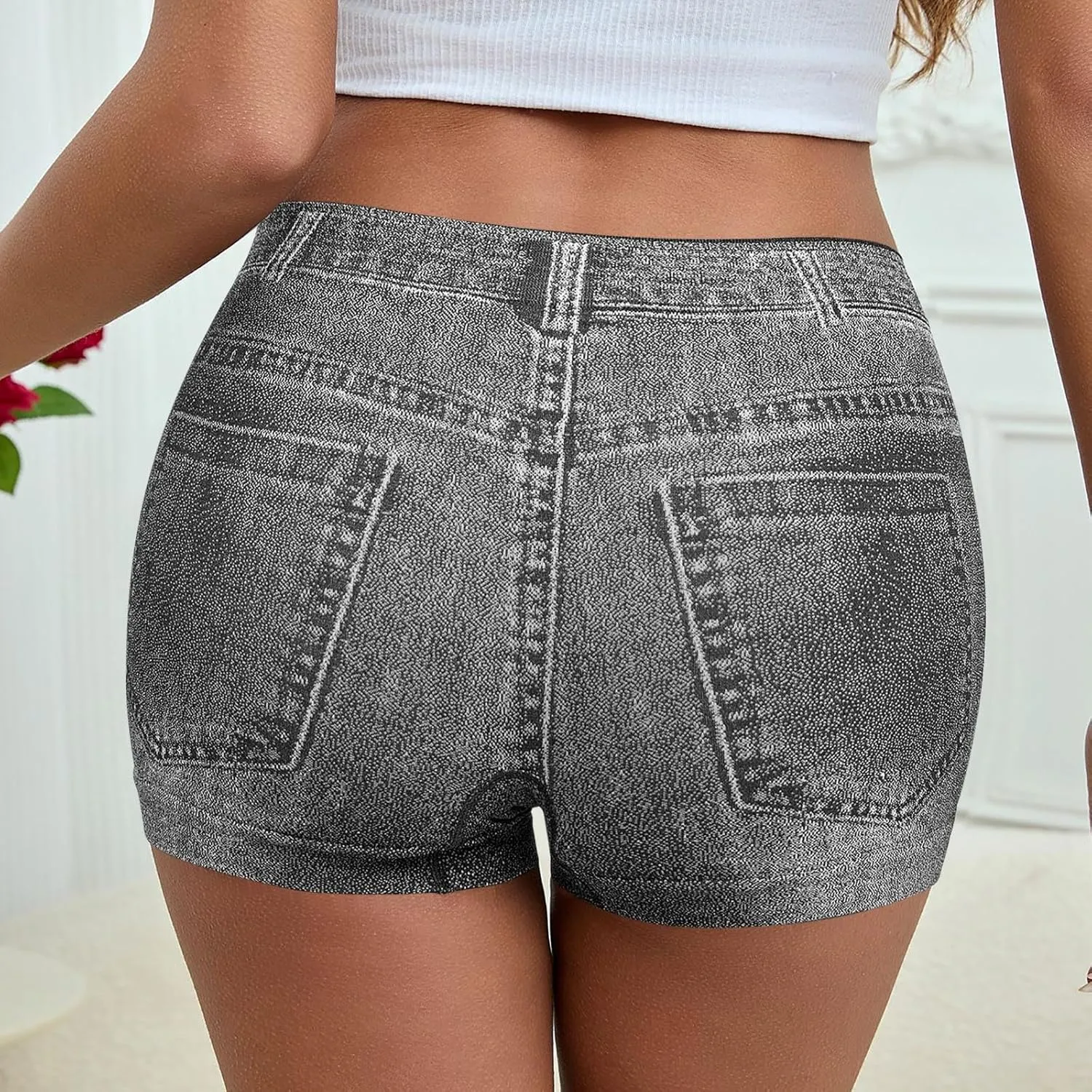Oplxuo Stretchy Imitation Denim Shorts for Women Trendy Printed High Waisted Skinny Fake Jean Shorts