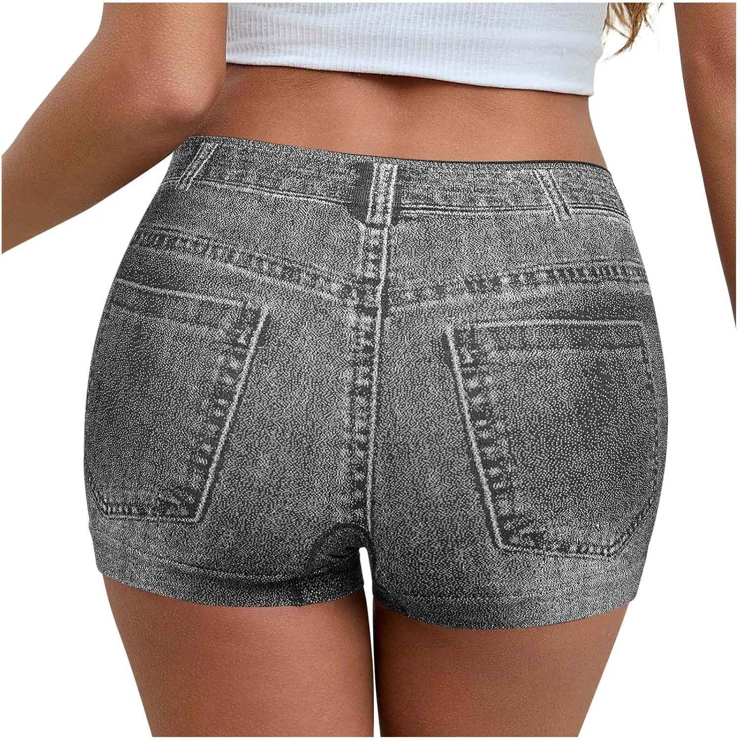 Oplxuo Stretchy Imitation Denim Shorts for Women Trendy Printed High Waisted Skinny Fake Jean Shorts