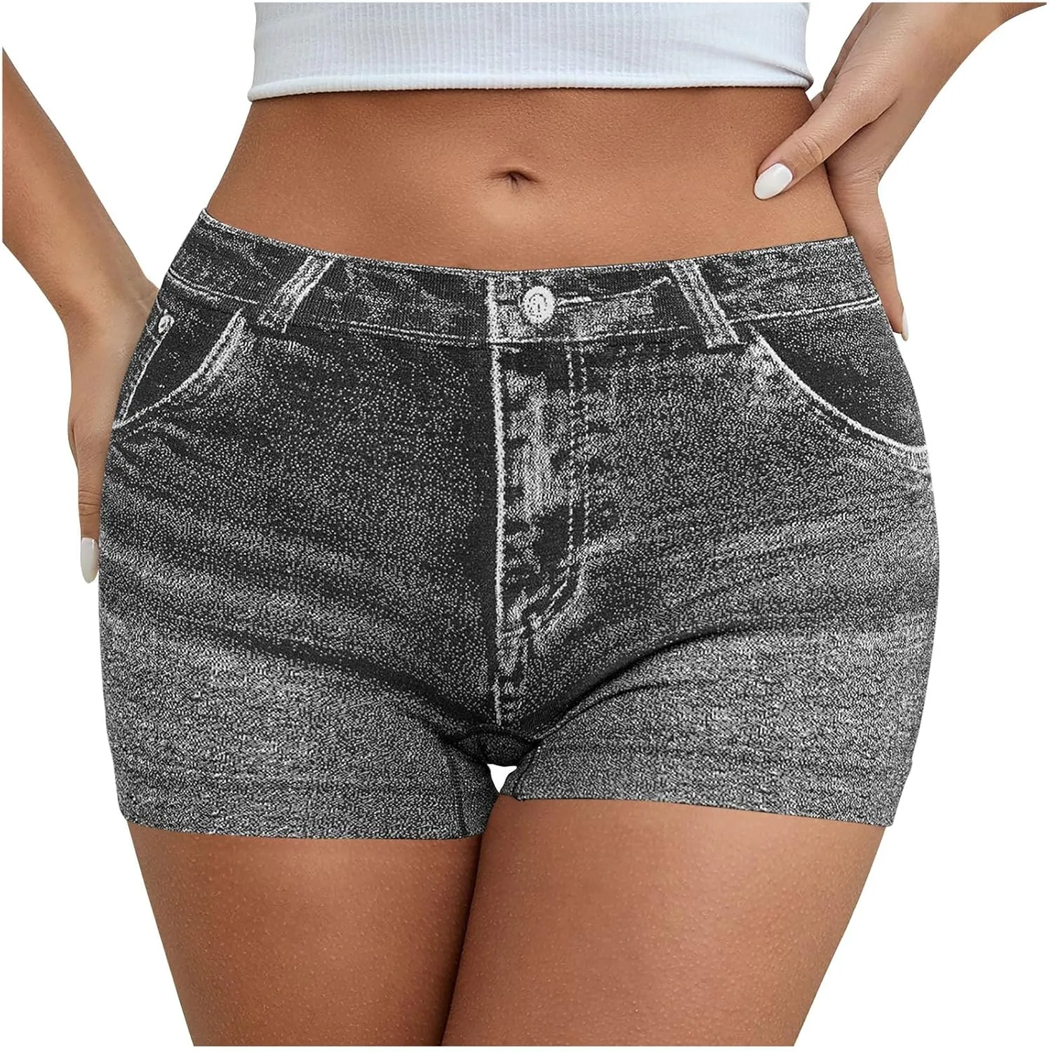 Oplxuo Stretchy Imitation Denim Shorts for Women Trendy Printed High Waisted Skinny Fake Jean Shorts