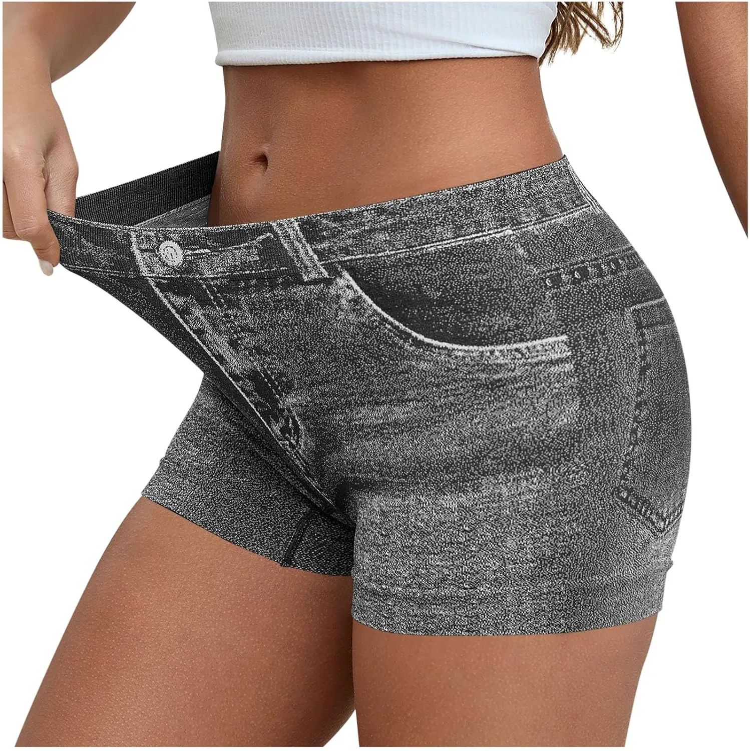 Oplxuo Stretchy Imitation Denim Shorts for Women Trendy Printed High Waisted Skinny Fake Jean Shorts