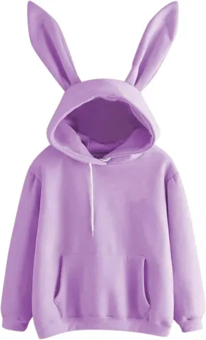 Oplxuo Women Bunny Ear Hoodies Kawaii Pullover Tops Rabbit Ear Sweatshirt with Pocket Cute Animal Hoodie for Teen Girls