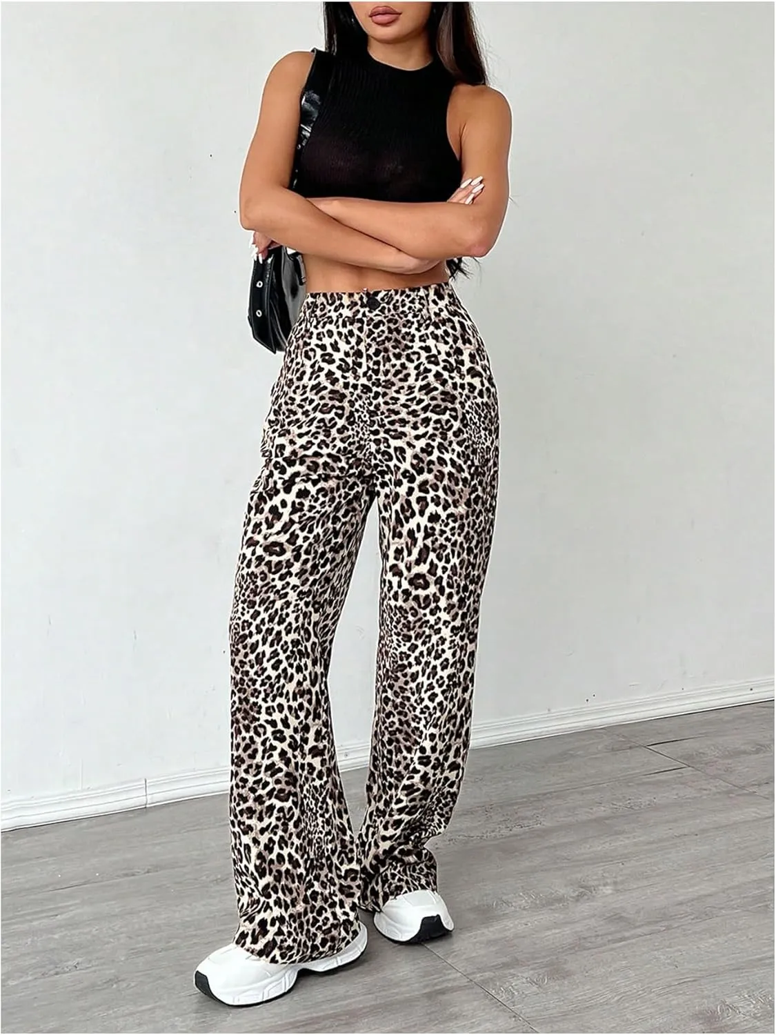 OYOANGLE Women's Graphic Print High Waist Straight Leg Long Pants Y2k Loose Casual Trousers with Pockets