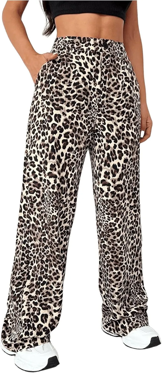 OYOANGLE Women's Graphic Print High Waist Straight Leg Long Pants Y2k Loose Casual Trousers with Pockets
