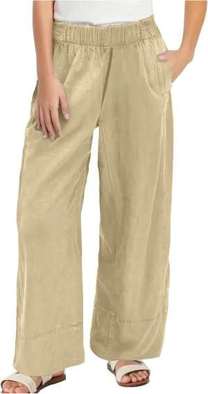 Palazzo Pants for Women Casual Elastic High Waist Straight Leg Pant Summer Cotton Linen Boho Trousers with Pockets