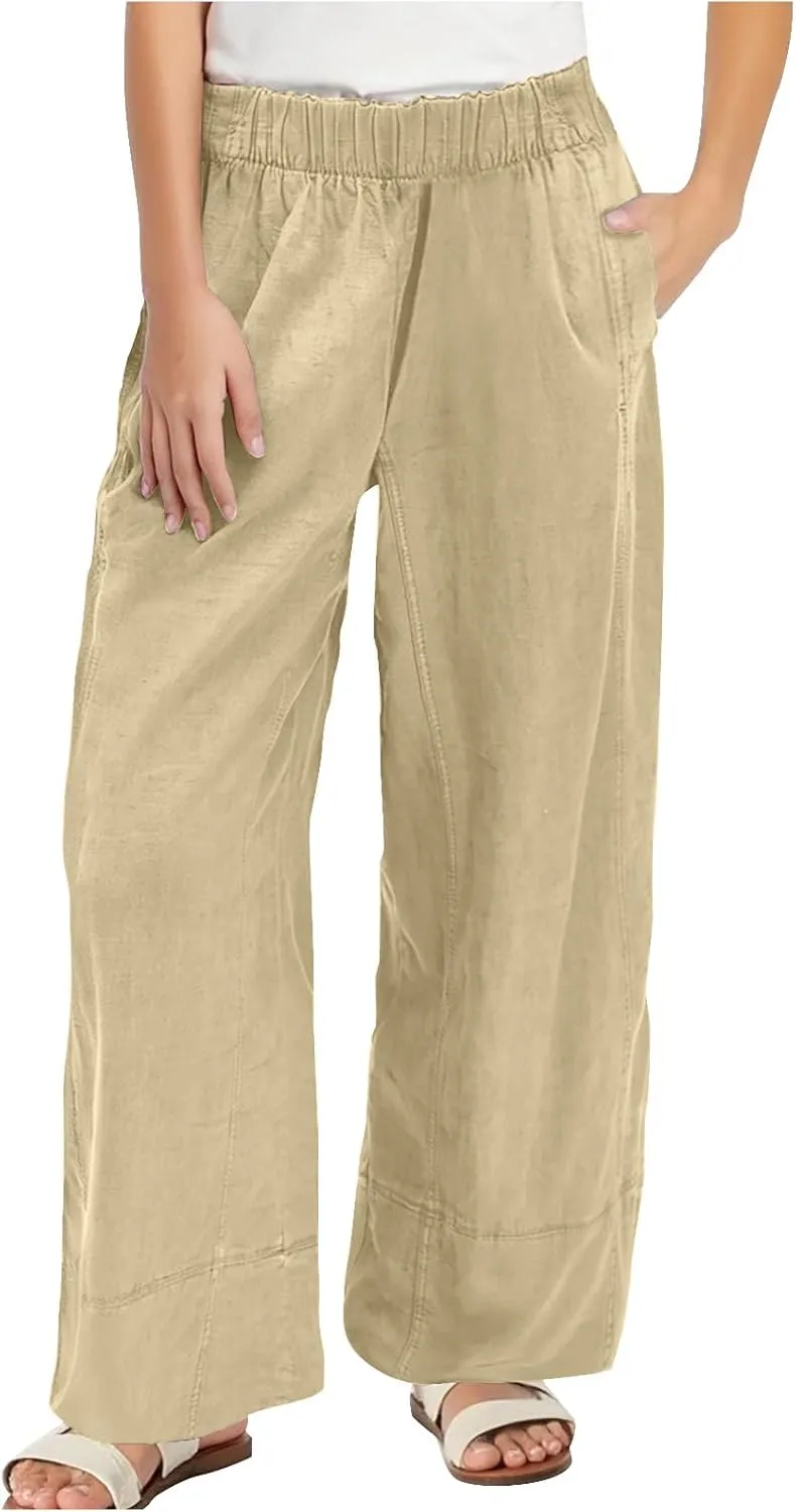 Palazzo Pants for Women Casual Elastic High Waist Straight Leg Pant Summer Cotton Linen Boho Trousers with Pockets