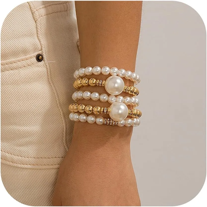 Pearl Bracelet for Women Chunky Fake Pearl Stackable Stretch Bracelet Set Multilayer Gold Beaded Bangles Wedding Bridesmaids Bridal Party Jewelry Gift