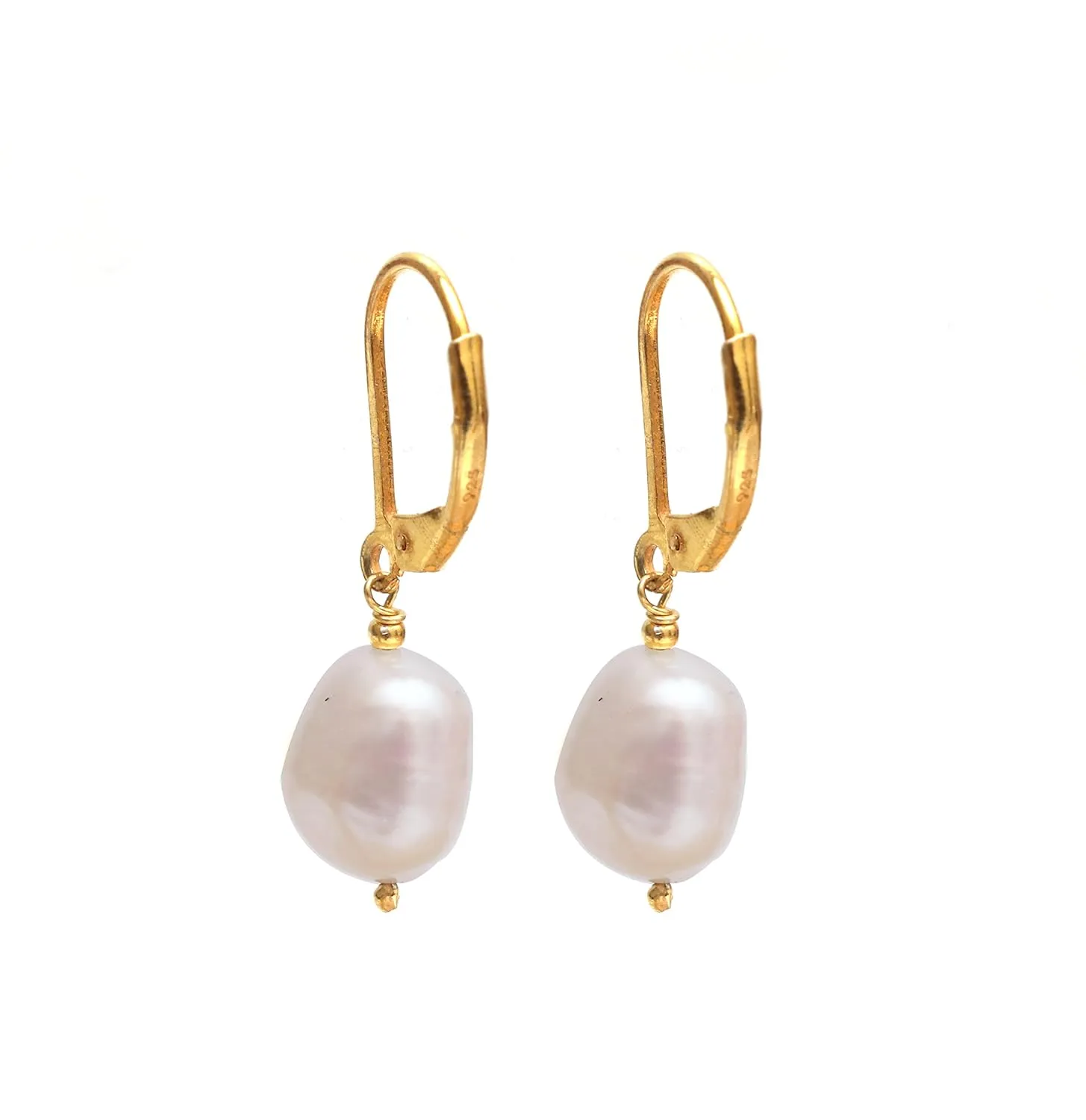 Pearl Drop Earring for Women, Natural Freshwater Pearls, Dangling Earrings, 14k Gold Plated 925 Silver Leveback, Gift for Her, 1-1.25 inches Long (White Shell Pearl)