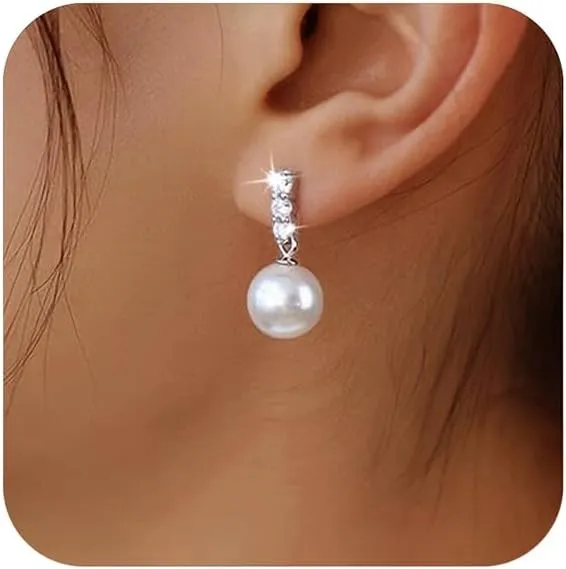 Pearl Earrings for Women Dainty 925 Sterling Silver Dangle Drop Earring with 5A Cubic Zirconia Pearl Drop Earrings Big Pearls Bridal Hoop Jewelry for Graduation Wedding Birthday Gifts for Her