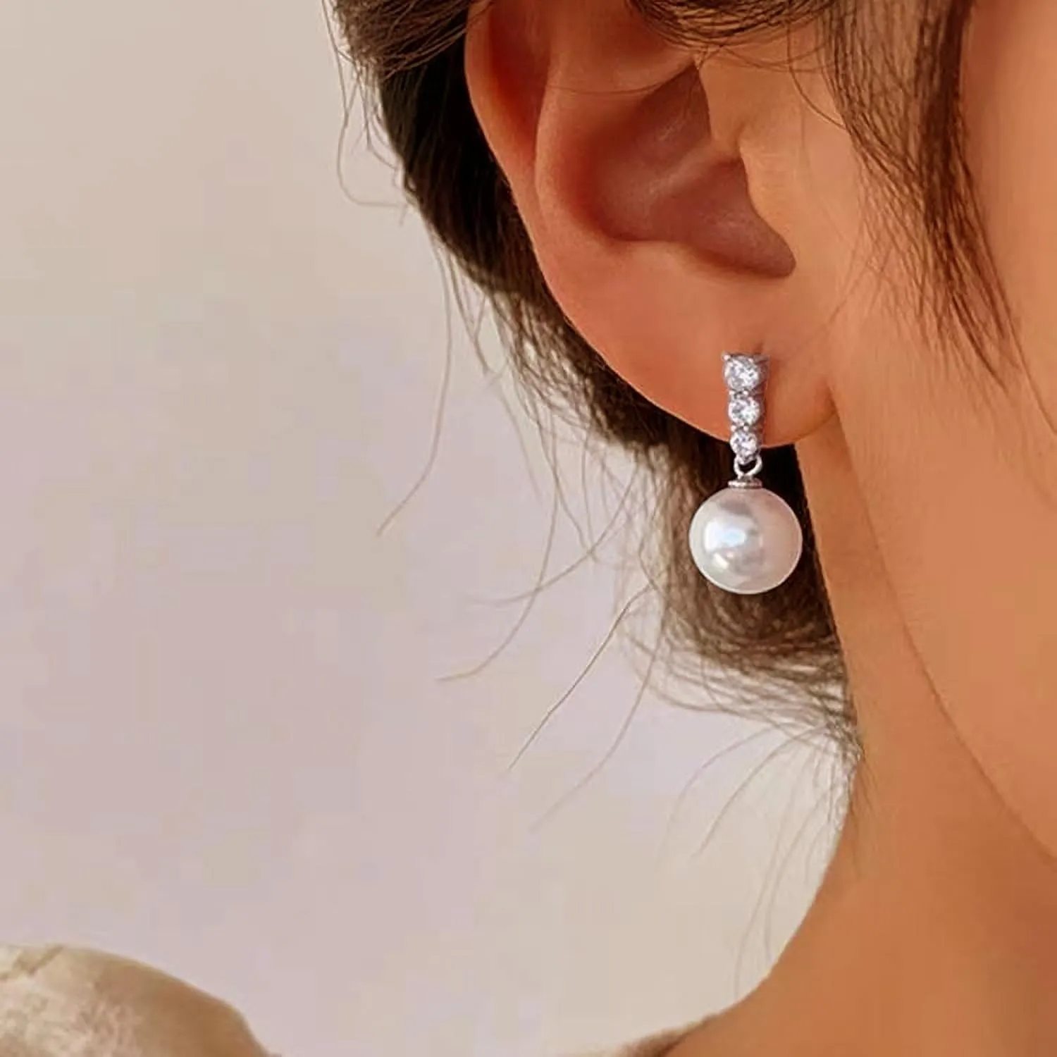 Pearl Earrings for Women Dainty 925 Sterling Silver Dangle Drop Earring with 5A Cubic Zirconia Pearl Drop Earrings Big Pearls Bridal Hoop Jewelry for Graduation Wedding Birthday Gifts for Her